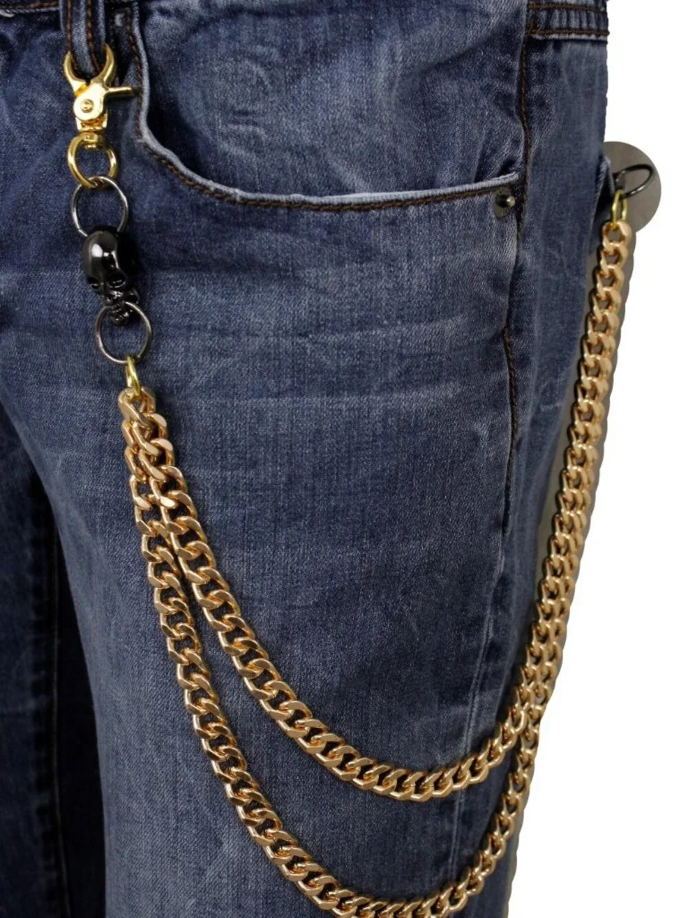NEW Men Gold Metal Wallet Jeans Chains KeyChain Biker 2 Strands Pewter Skulls